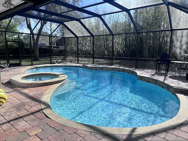 Screened pool and raised spa with clear blue water